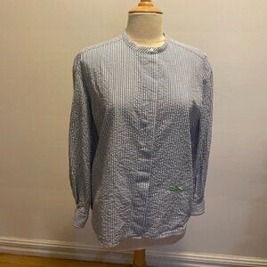 Longchamp collarless button down long sleeve shirt in blue & white seersucker